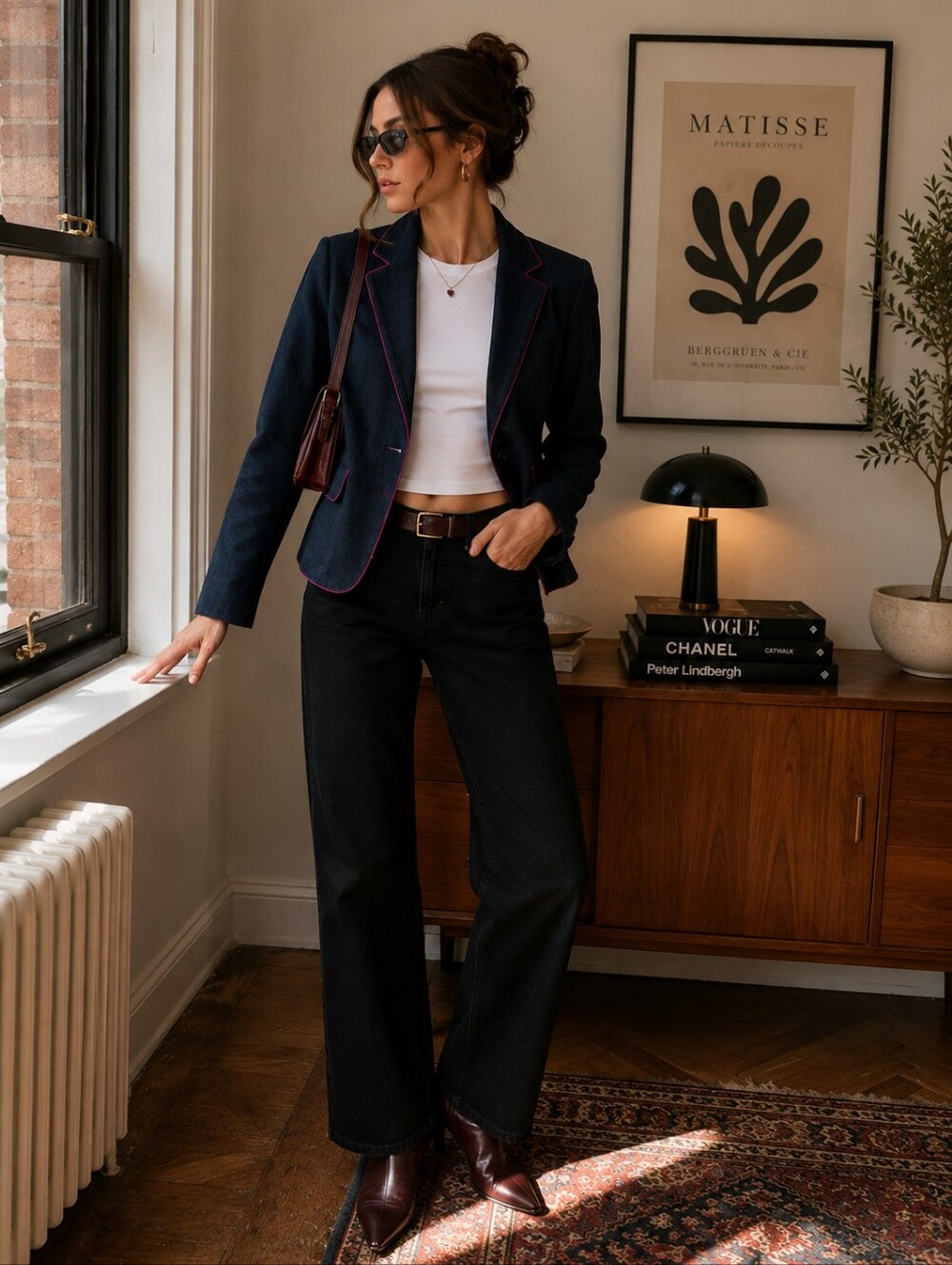 Apostrophe Petite Denim Blazer Women’s 8P Navy Purple Piping Tailored Jacket